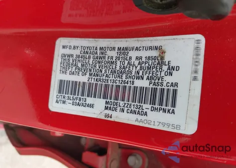 2003 Toyota Matrix Xr из США, поврежденный, VIN 2T1KR32E13C126418